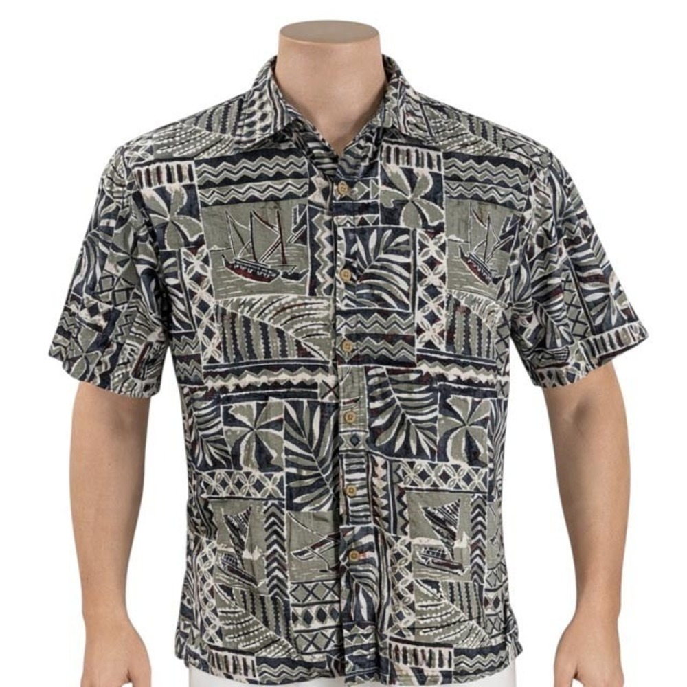 Cooke Street Hawaiian Aloha Shirt Large Tribal Boats Floral Reverse Print